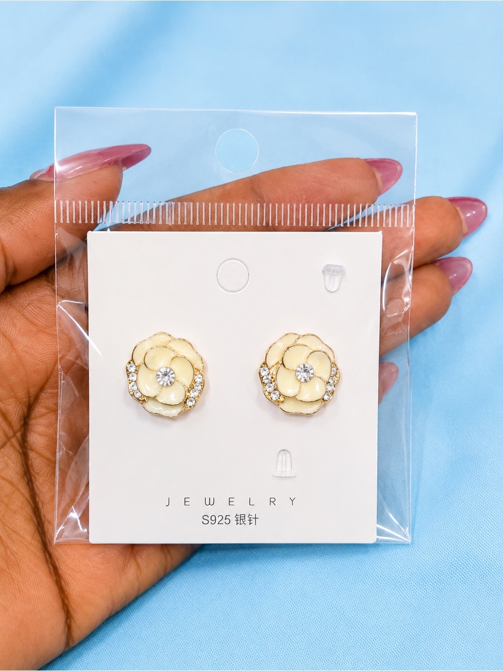 Gold-Tone Cream Flower Stud Earrings with Crystal Accents